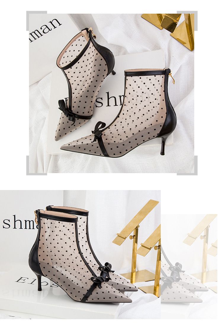 183-5 Koreanesch Versioun Séiss a schlank Perspektiv Gepunktte Mesh Hohl Dammeschuhe Dënn Héichhiel Spitz Kuerz Stiwwelen_voghion.com