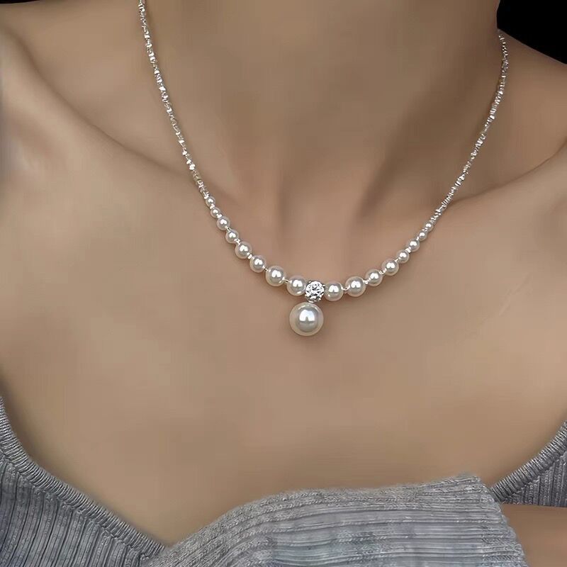 Collar de perlas de metal plateado de alta calidad para mujer, estilo francés popular, collar de temperamento simple y versátil, collar de clavícula_voghion.com