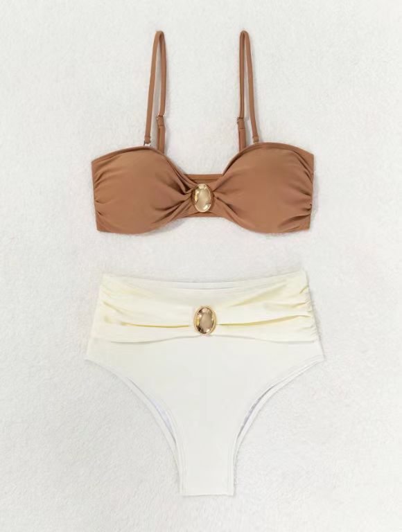 Ensemble bikini taille haute sexy – Blocs de couleurs tendance et détails boutonnés, rembourrage push-up confortable, maillot de bain en nylon pour femme (S/M/L/XL)_voghion.com