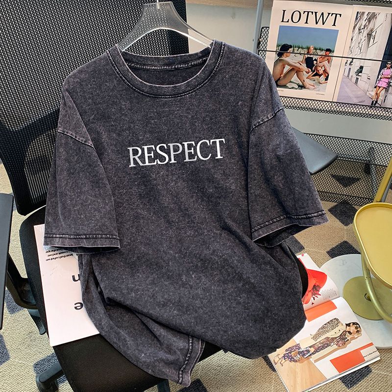 Women's Clothing retro washed black distressed heavyweight short sleeved T shirt for men and women summer high street fashion design niche T shirt_voghion.com