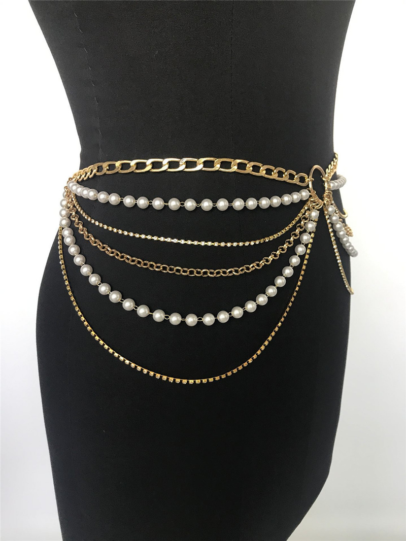 Catena di perle con anello per l'industria pesante di lusso Catena in metallo con catena di strass Catena in vita multistrato_voghion.com