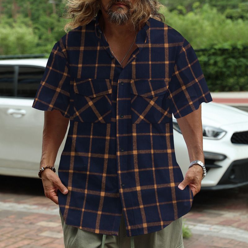 2024 Men's Trendy Plaid Patchwork Buttoned Casual Sports Short Sleeve Shirt_voghion.com