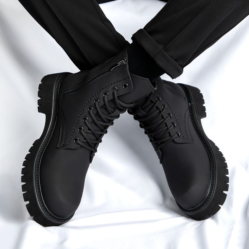 Black Martin Boots For Men, Ins Style, Cool Side Zipper, Workwear Motorcycle Boots, Thick Sole, High Top Shoes, Matte_voghion.com