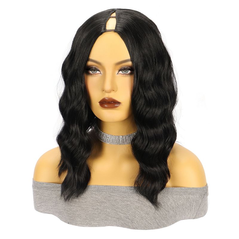 Synthetic Hair Wigs Women's Wigs V PART Black Middle Parted Short Curly Hair Water Ripples Synthetic Head Wigs_voghion.com