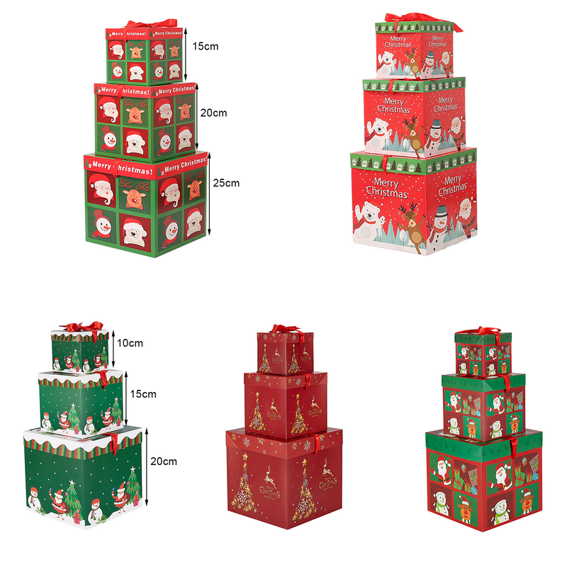 Goodfortune 3 peças caixa de natal dobrável cor brilhante estilo natal boneco de neve padrões gravata borboleta feliz natal caixa de presente para festival_voghion.com