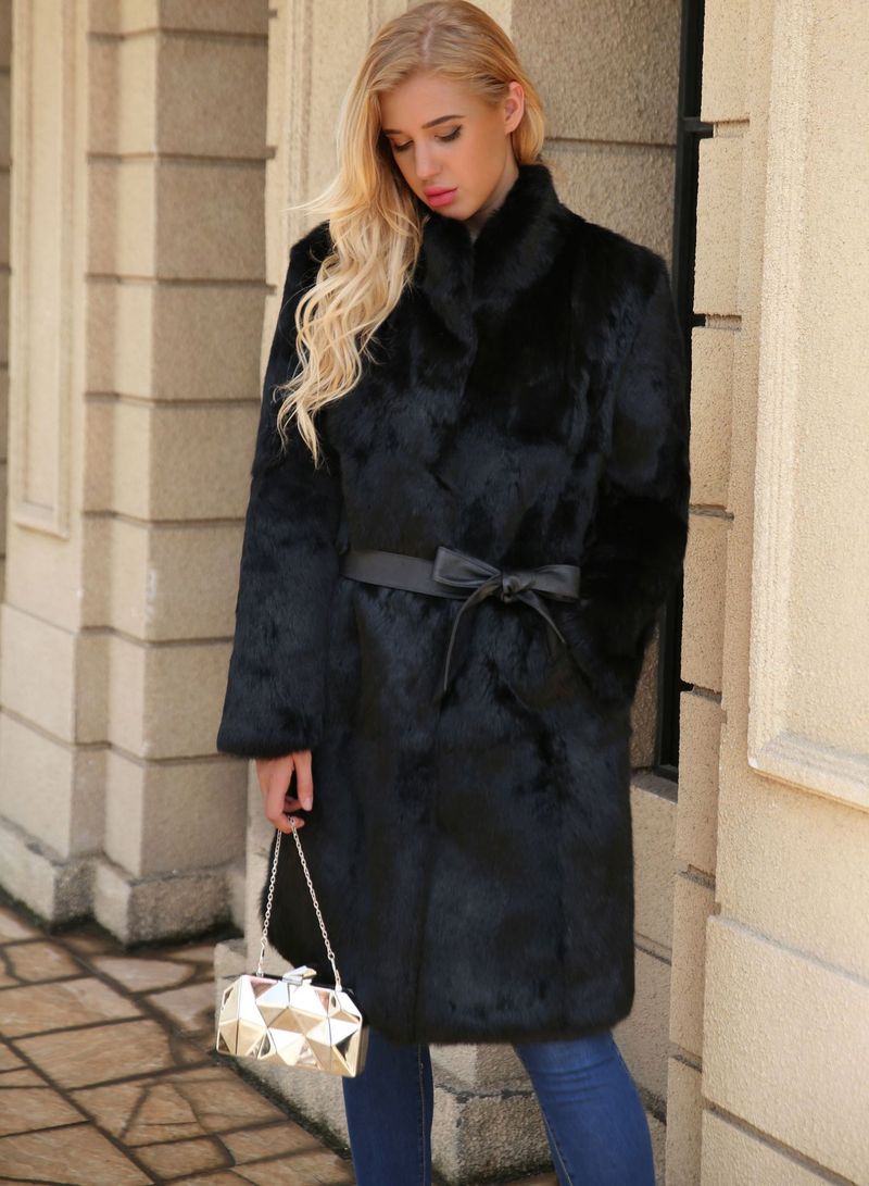 Abrigo largo de lujo de piel sintética de conejo para mujer, con cinturón ajustable, abrigo de invierno negro._voghion.com