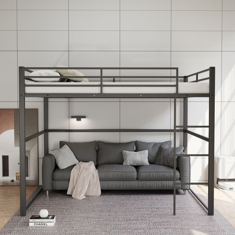 Metal Loft Bed Full Size, Loft Bed Frame With Safety Guard Rails & Flat Ladder, Twin Loft Bed For Kids Teens Adults, Black_voghion.com
