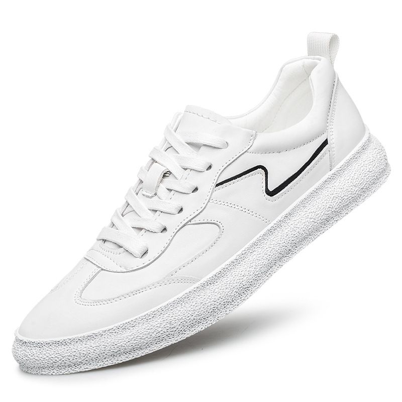 Men's Casual Lace-up Board Shoes Transparent First-layer Cowhide Shoes Shallow Mouth Round Head Flat Bottom White_voghion.com