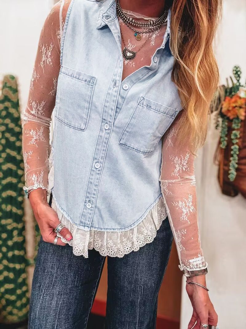 Women's Clothing Spring And Summer Lace Stitching Denim Sleeveless Top Vest_voghion.com