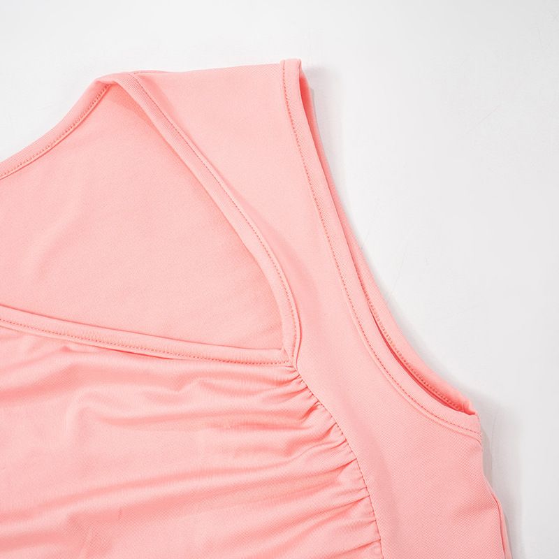 Q24TP352 Women's Summer New Item Solid Color Sleeveless Irregular Sexy Pleated T-shirt Top_voghion.com