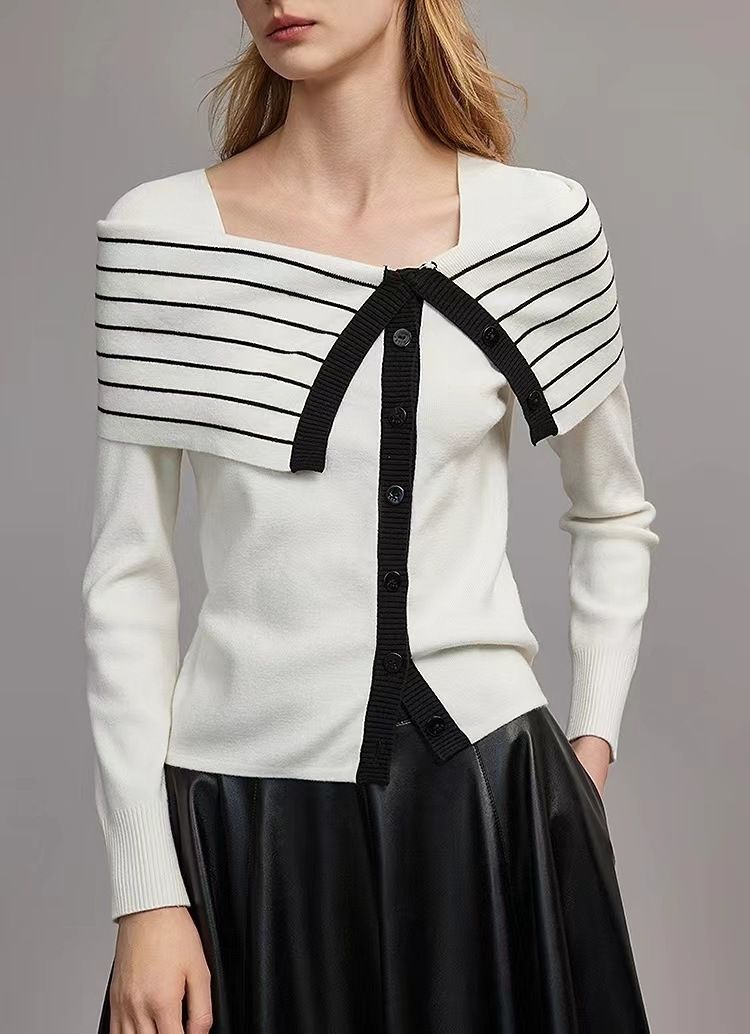 Women's Clothing Black And White Striped Two Piece Slim Wool Sweater New Design Temperament Sweater_voghion.com