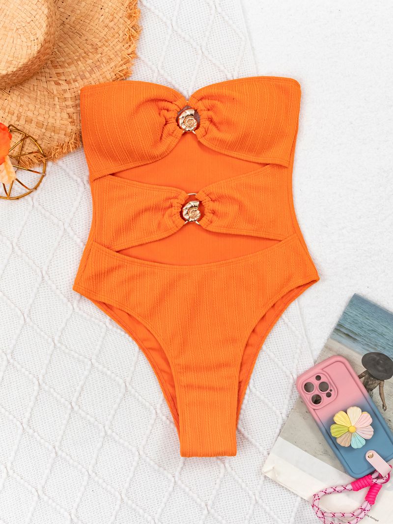 Women's Clothing Sexy Bikini Hollow Solid Color Tube Top One Piece Swimsuit_voghion.com
