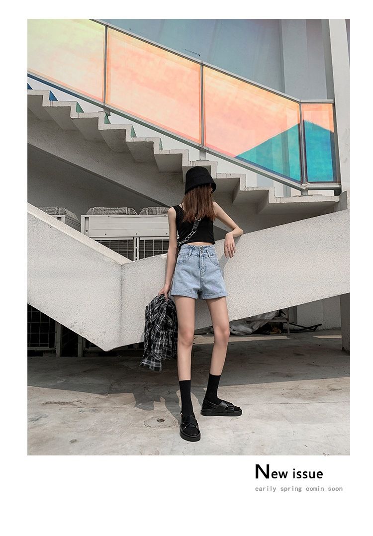 Pantaloncini di jeans famosi su Internet per le donne, larghi, estivi, nuova versione coreana a vita alta, snellenti e_voghion.com