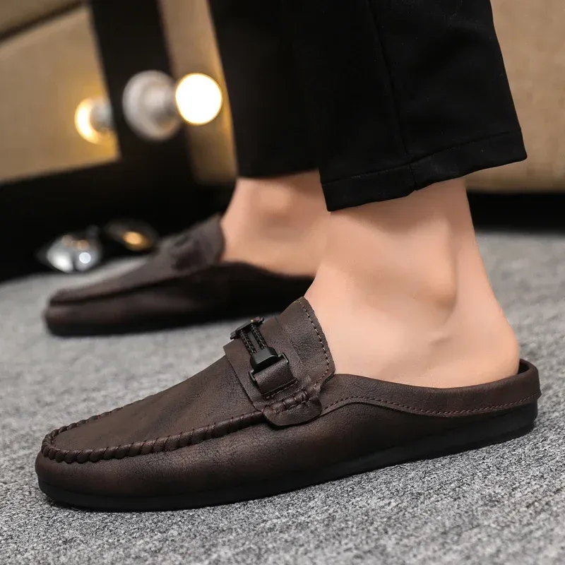 Leather Men Half Slippers Summer Breathable Mens Casual Shoes Slip-on Lazy Driving Shoes Comfortable Walking Loafers Moccasins_voghion.com