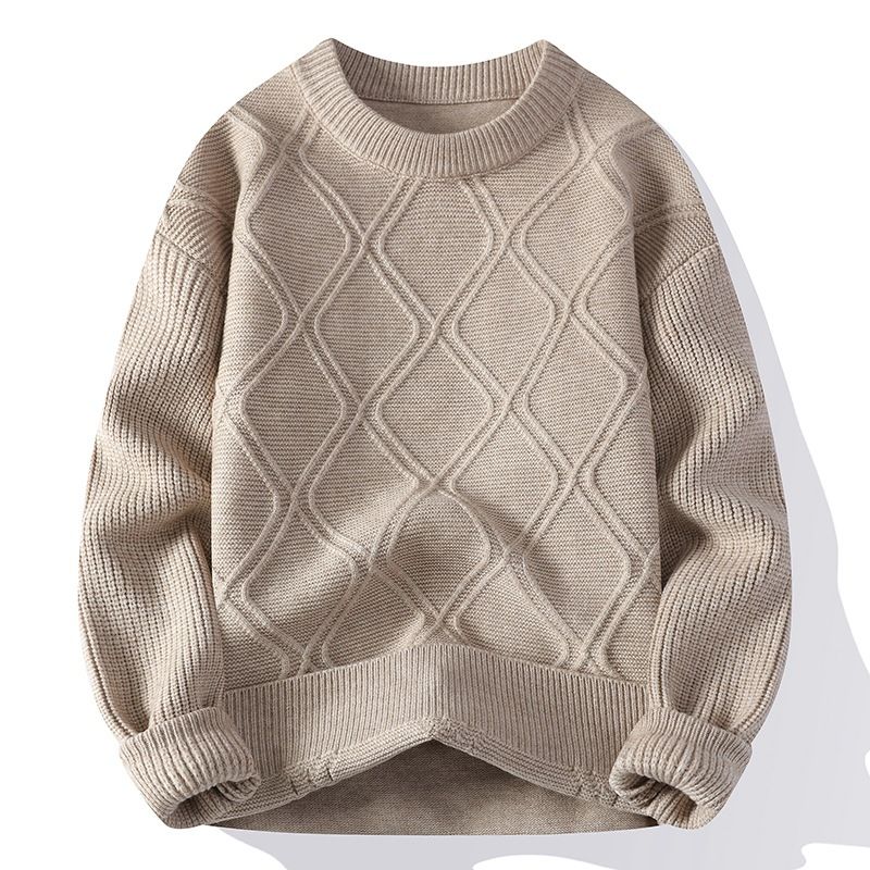Crew Neck Sweater Men's Woven Rough Twist Knitted Sweater Men's Warm Inner Wool Clothes_voghion.com
