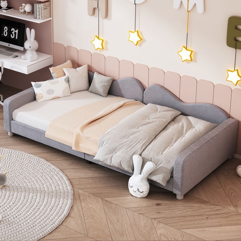 Polsterbett 90x200cm, Schlafsofa, Teddystoff, Mit Armlehnen, Grau_voghion.com