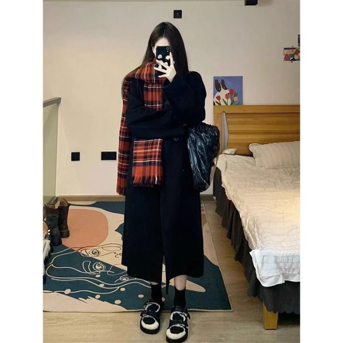 Grauer zierlicher Wollmantel im koreanischen Stil für Damen, Herbst und Winter 2024, neues Design, mittellanger, verdickter Mantel_voghion.com