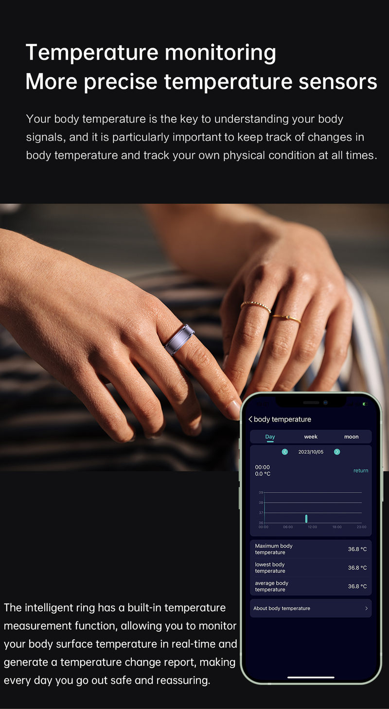 Anello intelligente da uomo con rilevamento della frequenza cardiaca, monitoraggio dell'ossigeno nel sangue, temperatura e sonno, telecomando_voghion.com