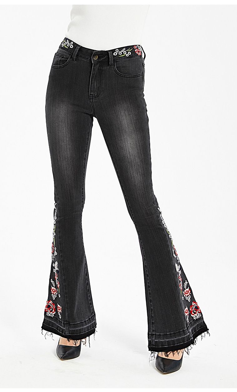 Ženska odjeća Elastične teške industrije s vezom cvijeća, proširene hlače, crne traperice za žene_voghion.com