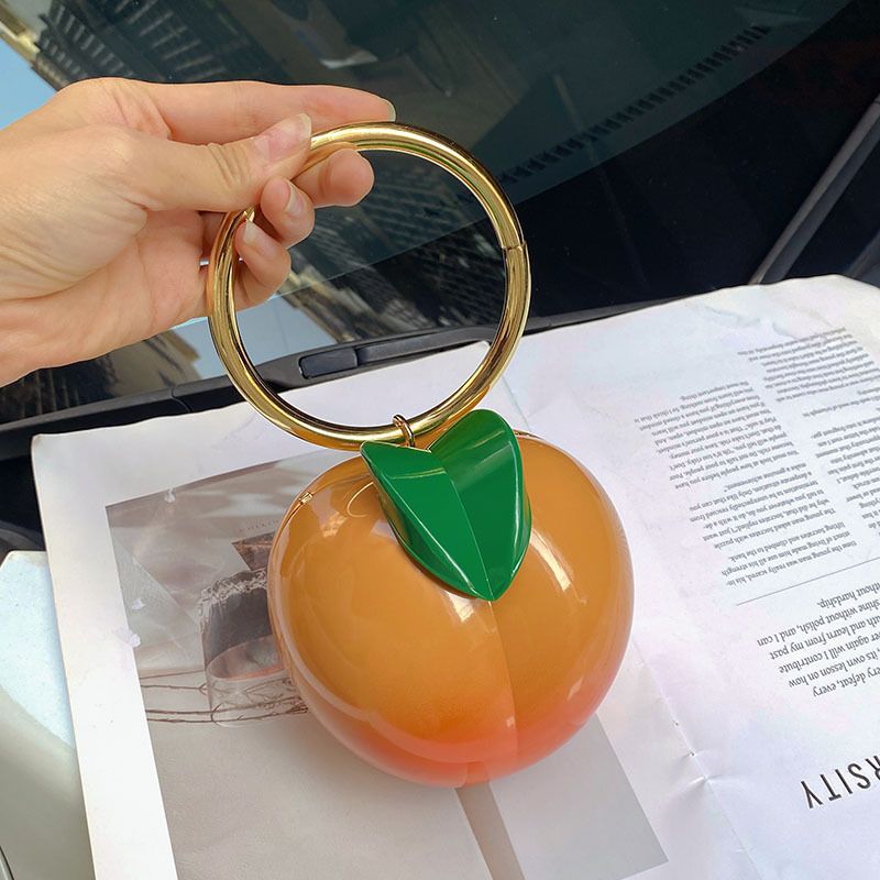 Niedliche kreative Kaki-Pfirsich-Fruchtform-Box-Nischendesign-Münzengeldbörse-Lippenstift-Handtasche-Umhängetasche mit rundem Ring_voghion.com