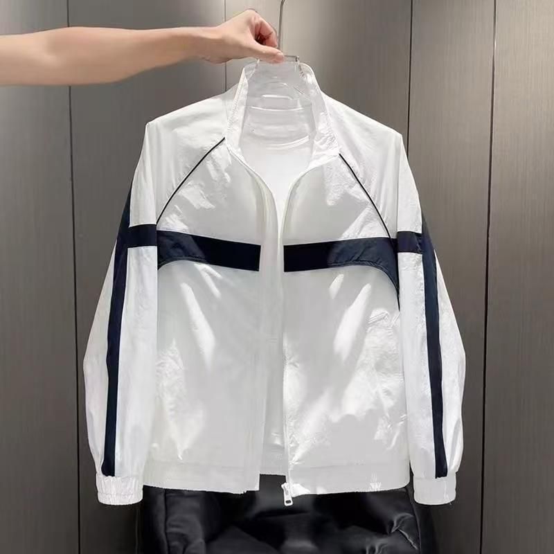 Giacca da uomo con colletto rialzato e pannelli a contrasto – Giacca a vento slim fit streetwear con chiusura a cerniera (M-4XL, nero/bianco)_voghion.com