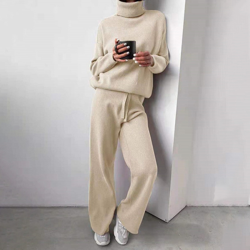 Φθινοπωρινό και χειμερινό νέο γυναικείο κοστούμι με φαρδύ ζιβάγκο, μονόχρωμο, πουλόβερ_voghion.com