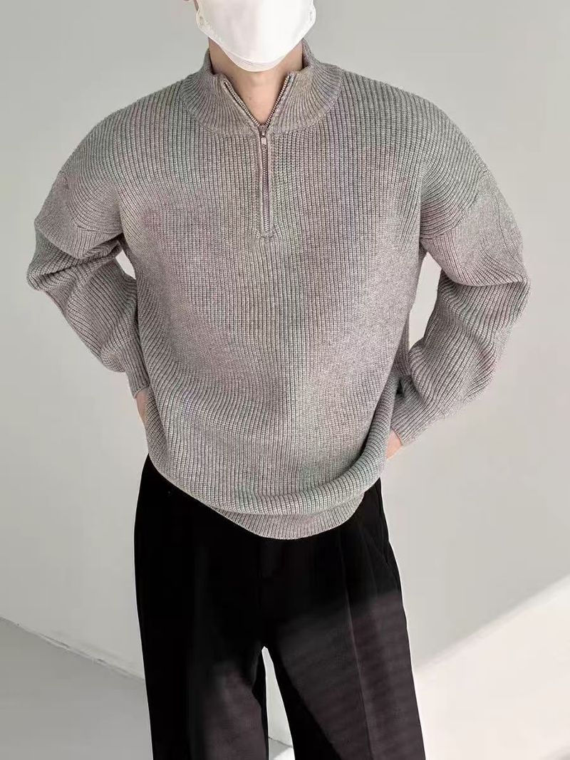 Maglione casual da uomo con mezza zip e collo alto, traspirante, lavabile in lavatrice, elasticizzato (bianco, grigio, nero, blu)_voghion.com