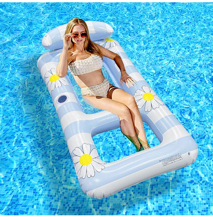 Poltrona gonfiabile a righe quadrate con seduta in rete e poggiatesta - Galleggiante singolo in PVC per piscina per adulti (fondo antiscivolo ad asciugatura rapida)_voghion.com