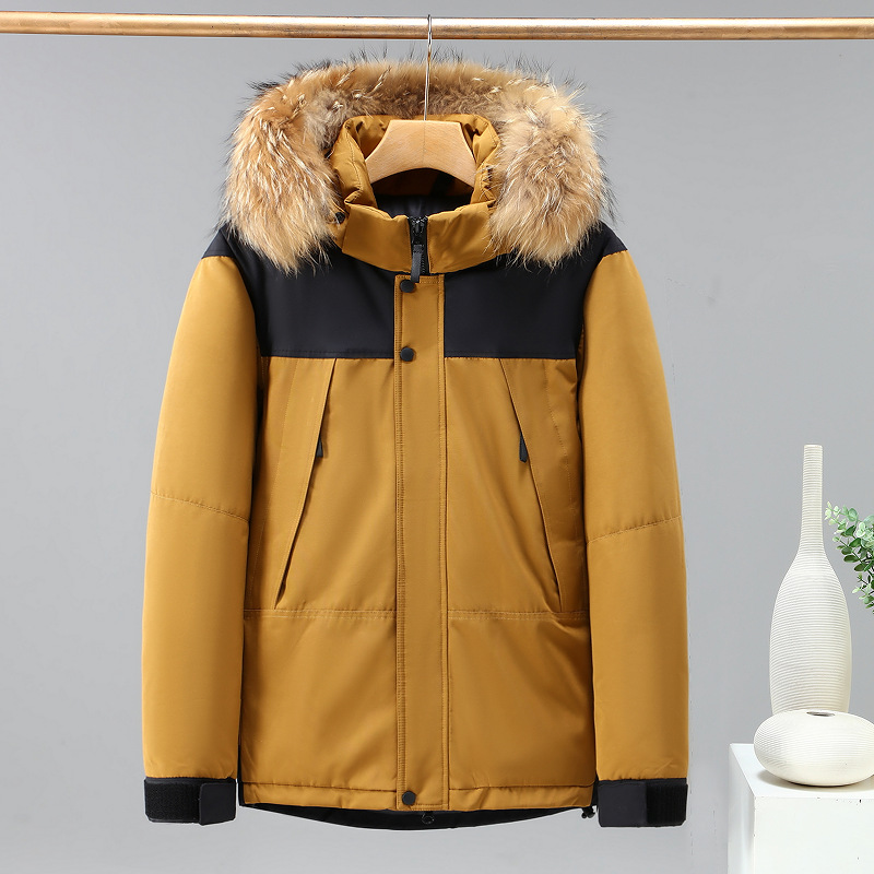 Giacca da uomo in cotone e seta resistente al freddo con collo in pelliccia di procione, tecnologia ispessita, antigraffio, giacca in cotone di alta qualità_voghion.com
