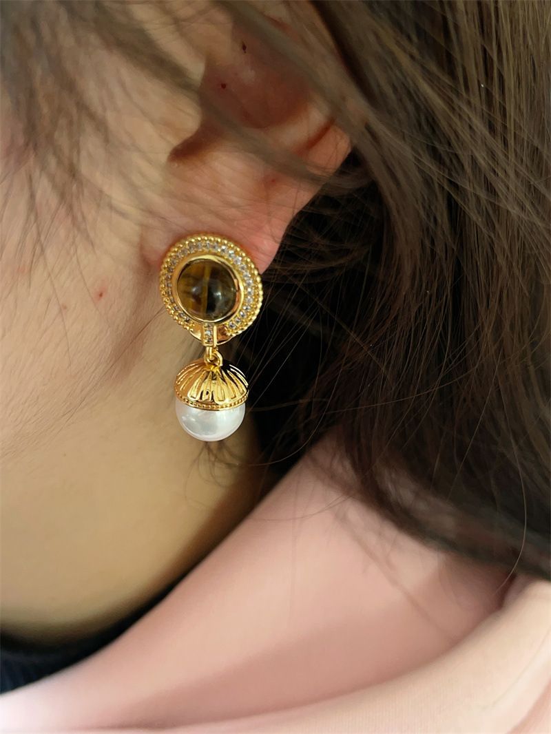 French Vintage Tiger's Eye Necklace Zircon Necklace Bracelet Earrings Clavicle Chain Sweater Chain_voghion.com