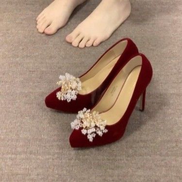 Scarpe da sposa in stile cinese Hanfu per donna, con plateau impermeabile, suola spessa, tacco sottile, tacchi alti rossi in velluto di alta qualità_voghion.com