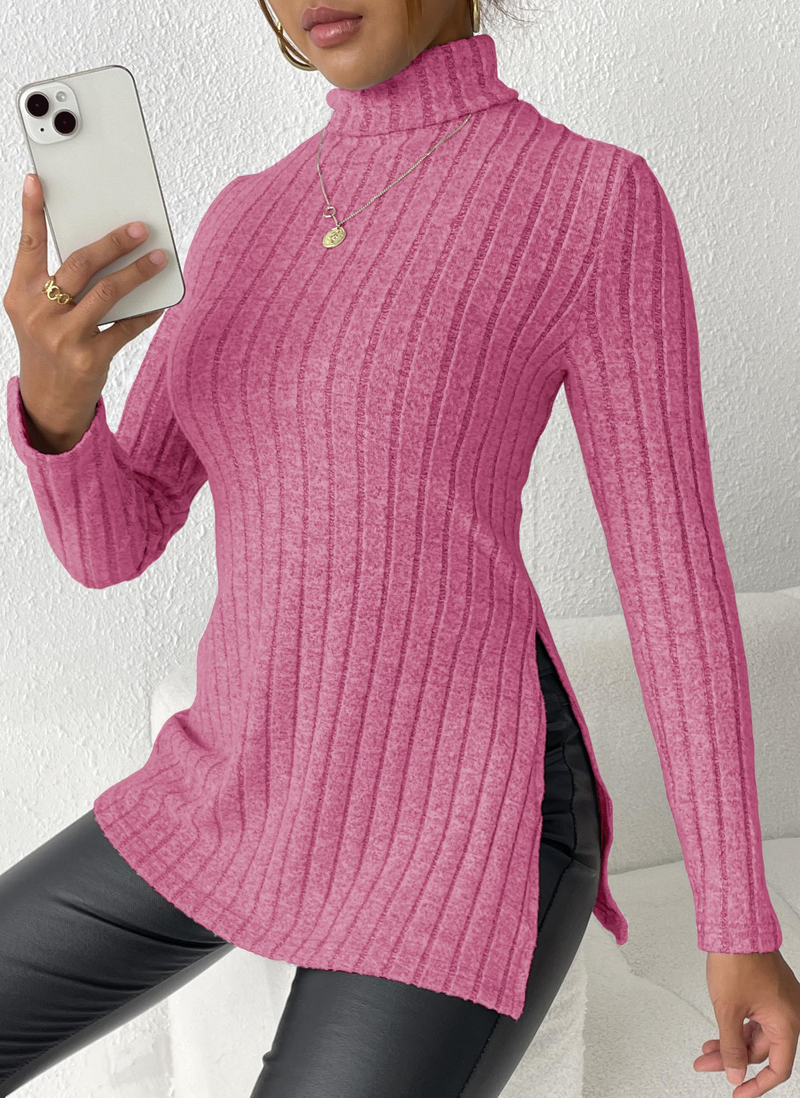 Women's turtleneck pullover slit slim-fit base pit striped medium length_voghion.com