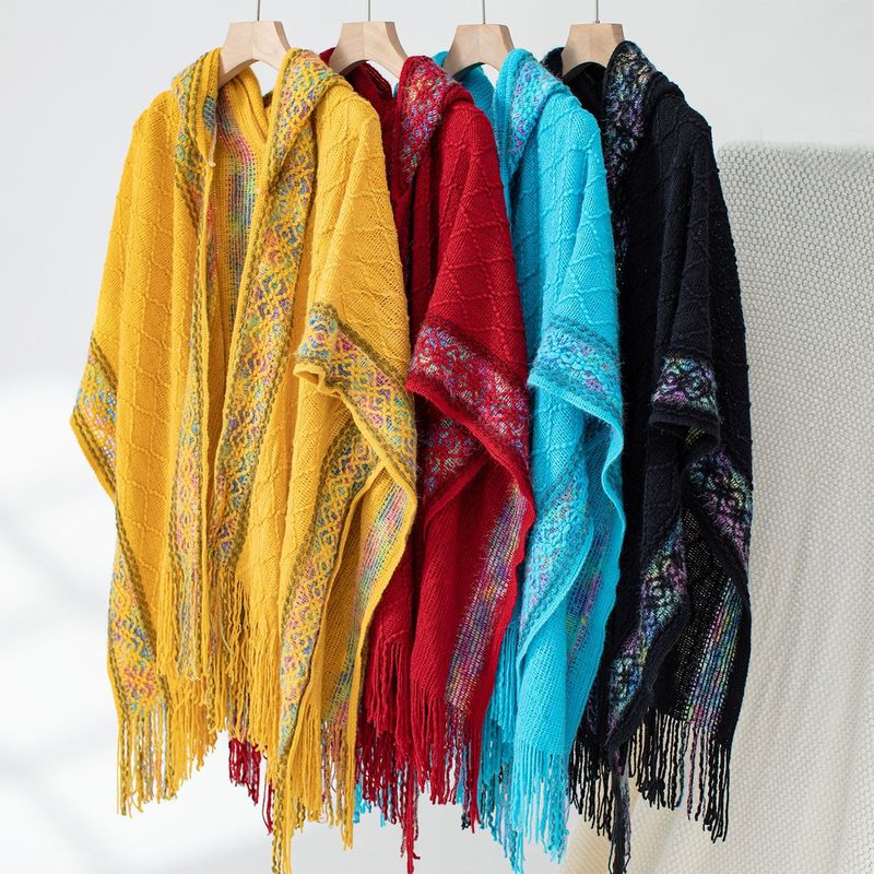 Ethnic style knitted hooded tassel cape sweater shawl lady's coat_voghion.com