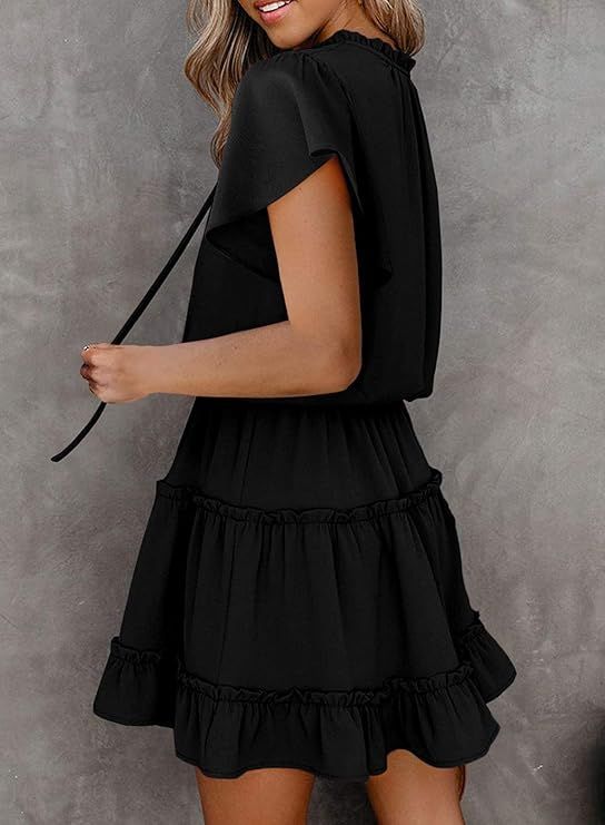 Women's Black Small Short Sleeve Ruffle V Neck Chiffon Dress Flowy A Line Mini Summer Casual Dress_voghion.com