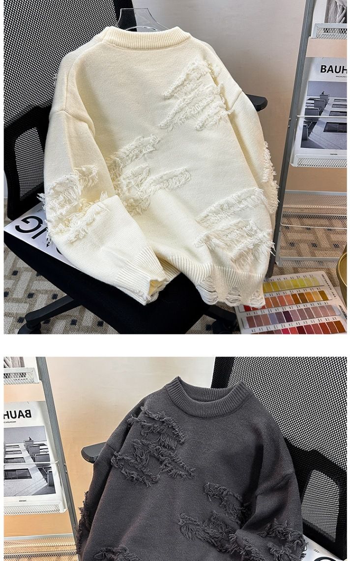 Men's Distressed Knit Sweater - Vintage Boho Style Oversized Crewneck Pullover With Fringe Details_voghion.com