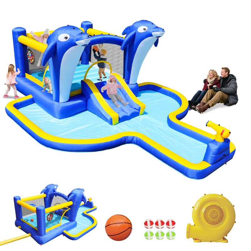 8 In1 Inflatable Slide Water Park Trampoline Bouncing House Outdoor Garden With Dolphin Sprinkler & Target Games & Water Gun & Basketball_voghion.com