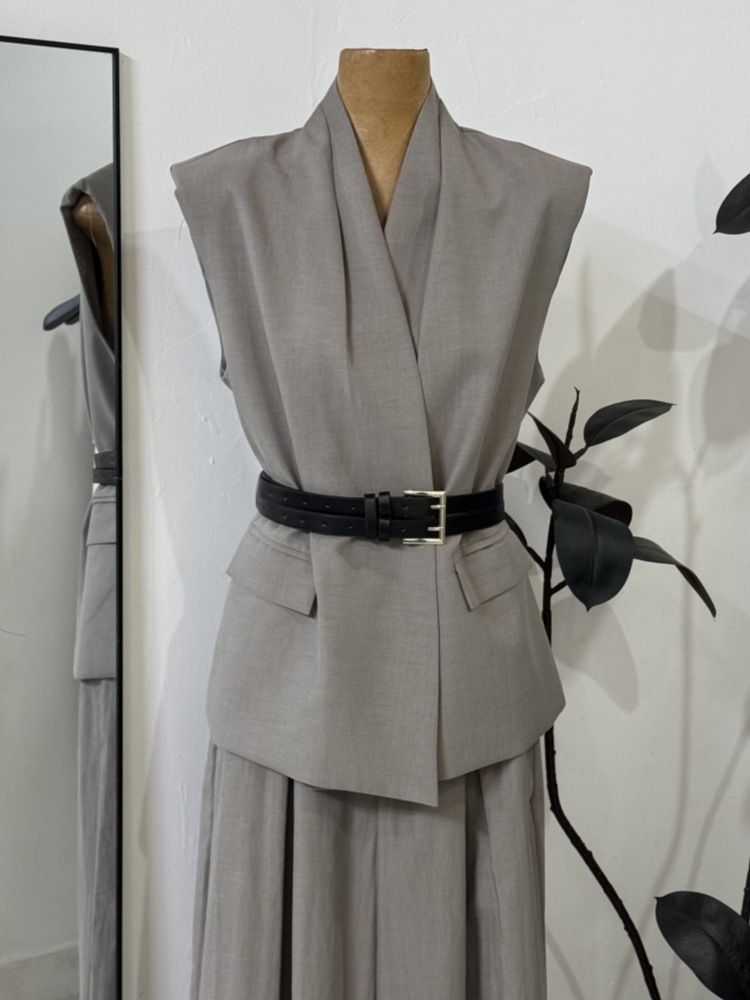 NUNBAI Damen-Set aus ärmelloser Weste und Hose im französischen Stil mit weitem Bein – atmungsaktive Acrylmischung, Taillengürtel, lässiges Büro- und Sommeroutfit_voghion.com