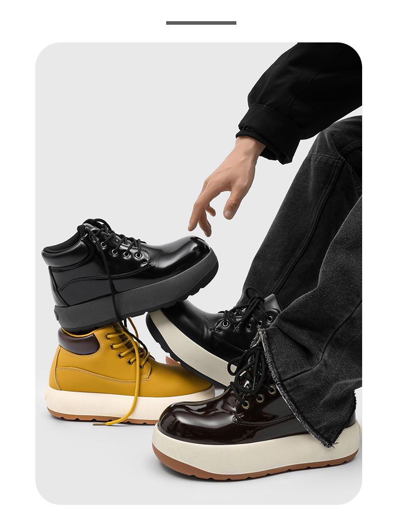 Men's Chunky Derby Boots Retro Motorcycle Style High Top Martin Boots In Yellow/Black/Brown - Fashionable & Comfortable_voghion.com