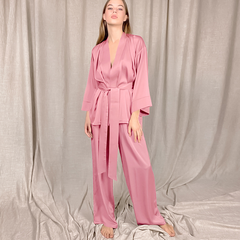 Cardigã de cetim feminino com renda, camisola e pijama de cor sólida, conjunto solto para casa_voghion.com