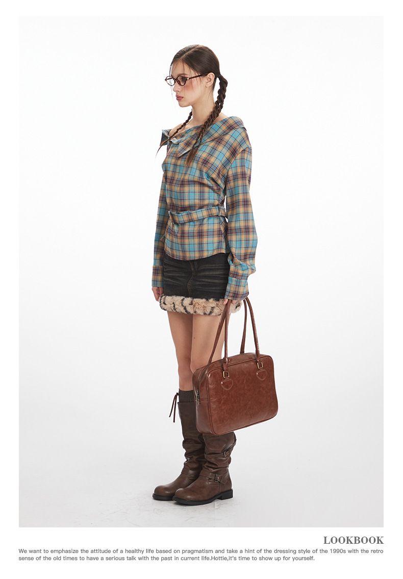 Women's Clothing Women's Asymmetric Collar Shirt - Slim Fit Checkered Top With Waist Tie_voghion.com