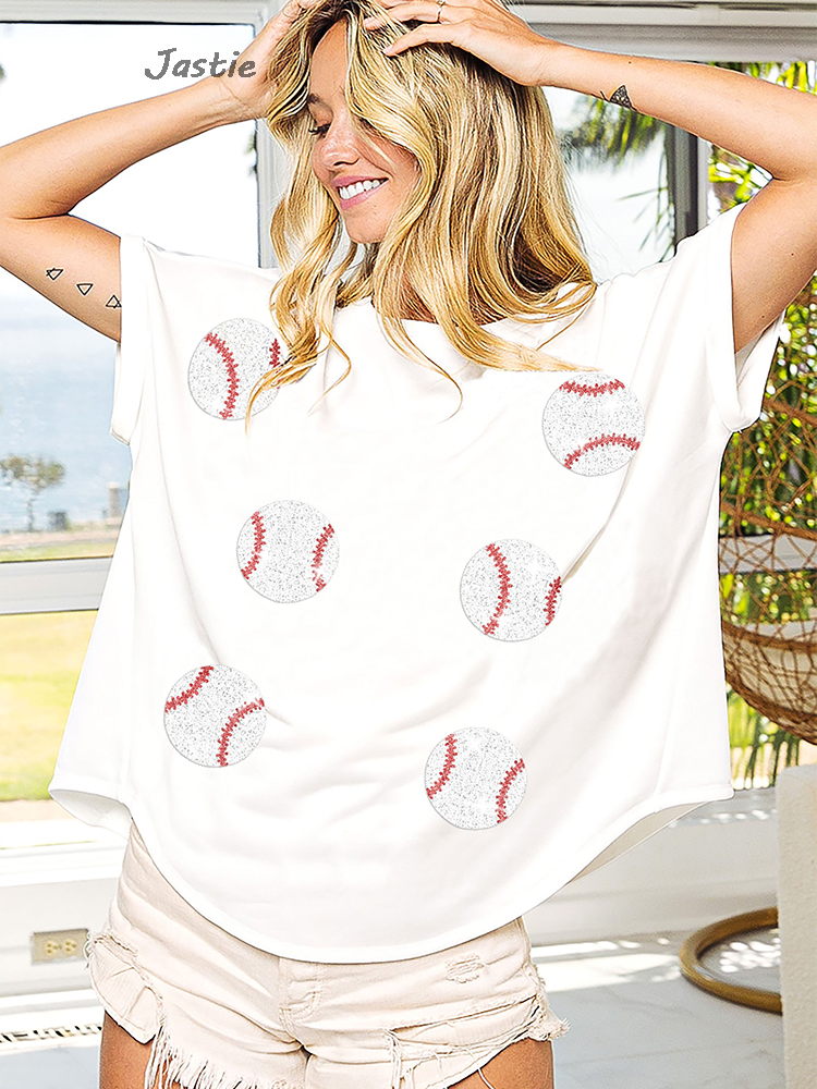hot selling 2024 Spring And Summer Sequin Baseball Game Loose T-Shirt Women's Short-Sleeve O-Neck Pullover Top_voghion.com