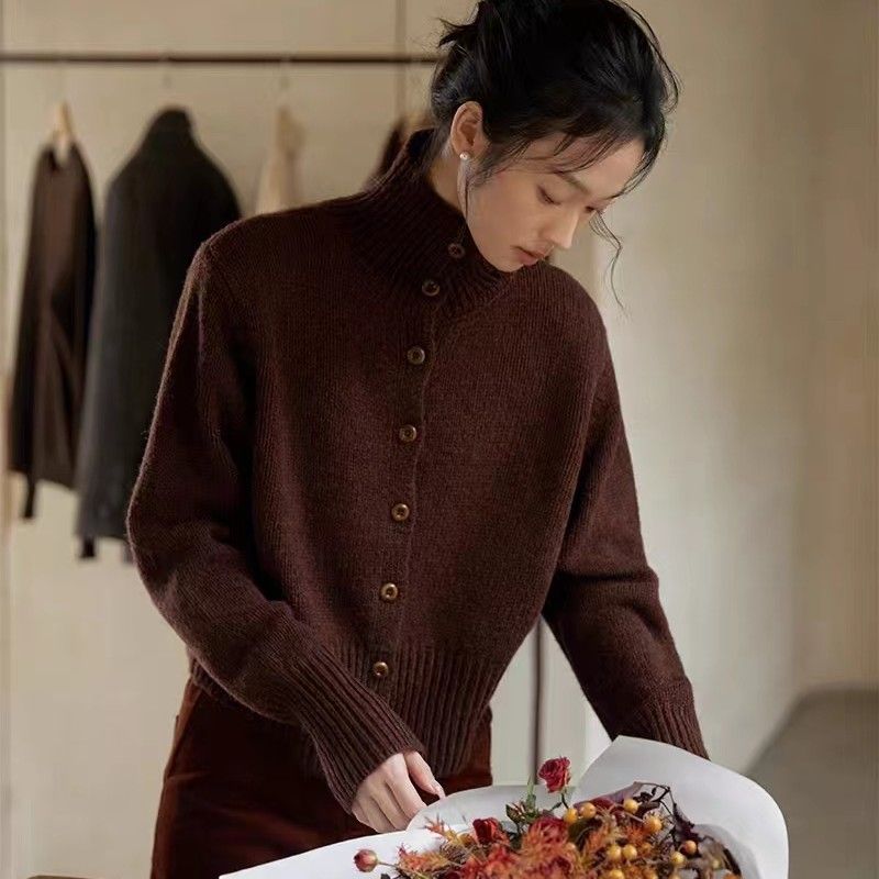 2024 Autumn Winter New High Collar Cashmere Versatile Korean Style Wool Knitted Cardigan Coat Sweater Women's Fashion_voghion.com