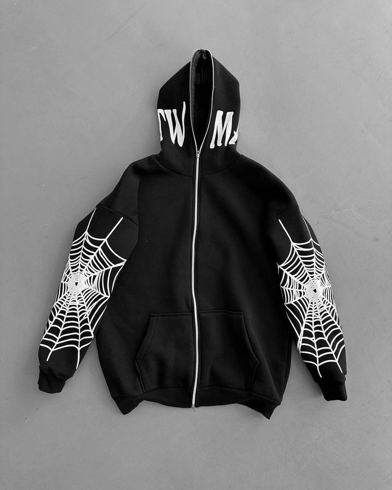 Felpa con cappuccio Spider Web - Felpa con cerniera stile streetwear gotico (stampa 3D, vestibilità oversize unisex, versatile in bianco e nero)_voghion.com