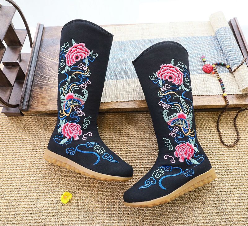 Enkelstövel i bomull, mellanhöga, platta, feta fötter, överdimensionerade tygstövlar, broderade damskor, dragkedja i sidan_voghion.com