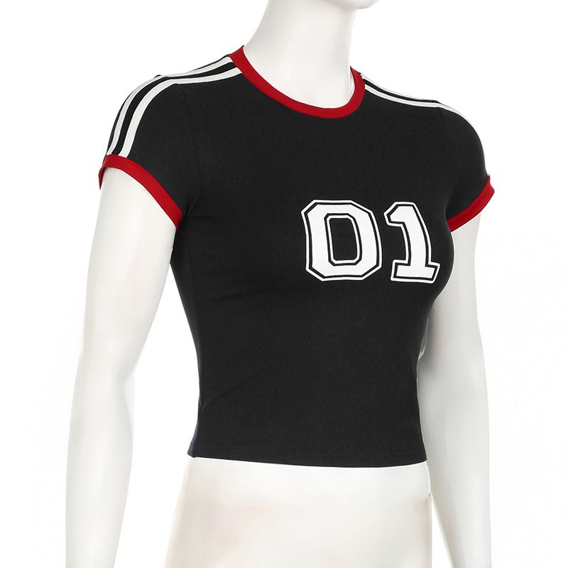T-shirt da donna in stile retrò americano, vestibilità slim, girocollo, manica lunga, stampa a righe – Tessuto in maglia confortevole con design a blocchi di colore_voghion.com