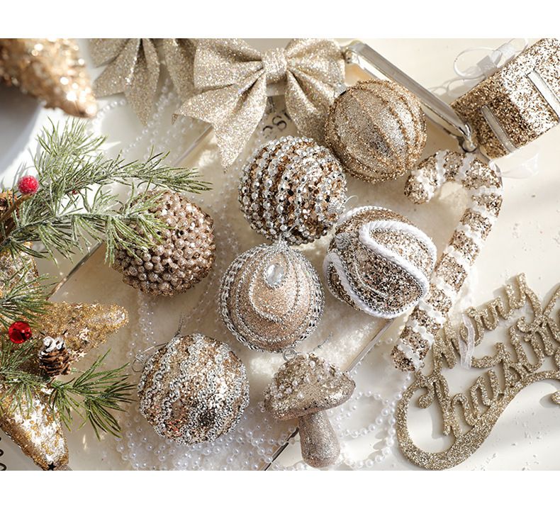 Christmas Tree Ornaments Set - 8 Unique Decorative Balls With Gold Glitter Stars Bows & Beads For Festive Holiday Decor_voghion.com