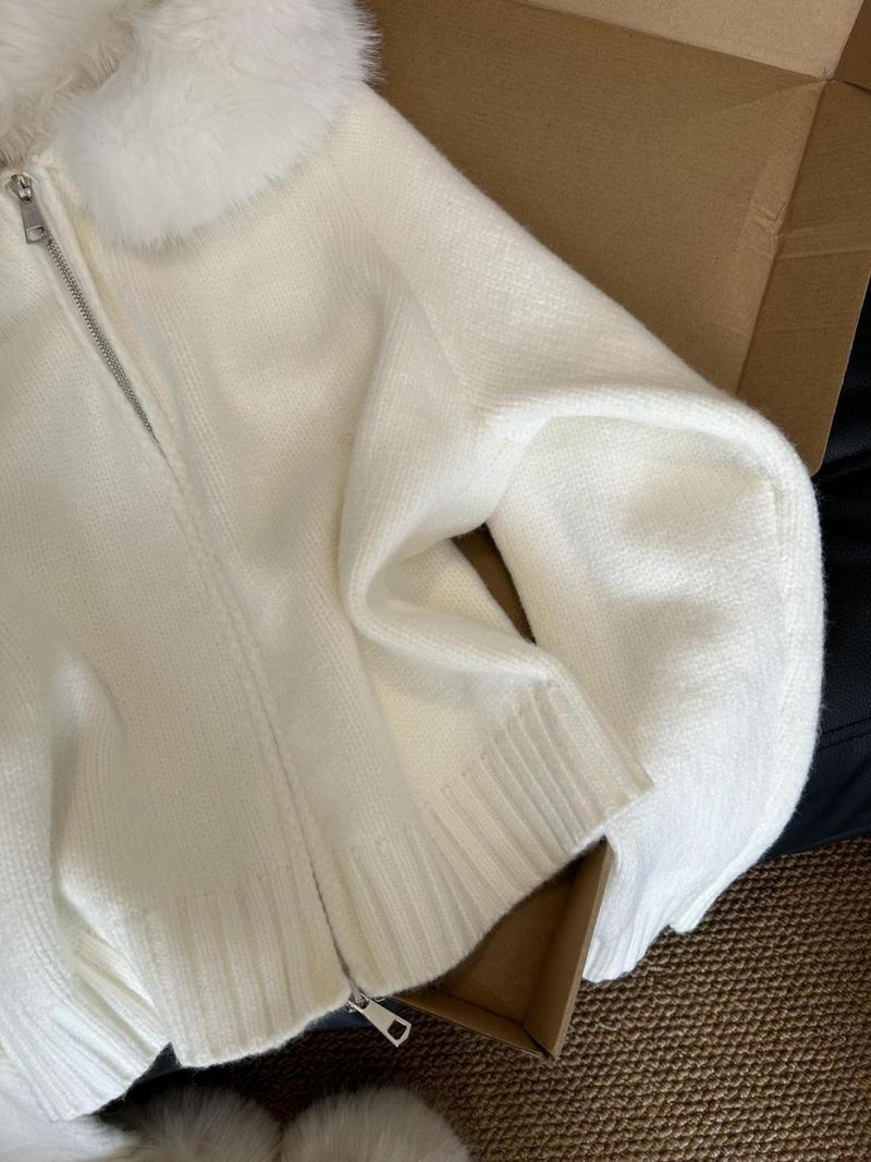 Oversized vest met capuchon en rits – Wintertrui van acrylbreisel met imitatiebont (S-XL, wit) – Boho-chique jas met open voorkant_voghion.com