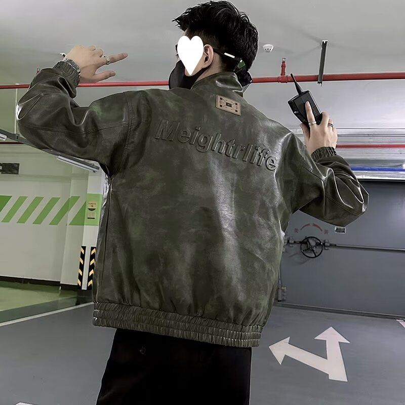 Suitable For All Seasons Maillard Embossed PU Leather Motorcycle Jacket For Men, Spring And Autumn Season, Trendy Stand Collar, Stylish Casual_voghion.com