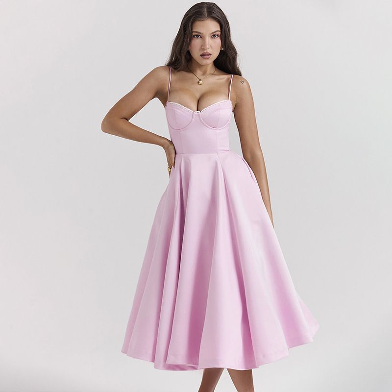 Elegantes V-Ausschnitt-Korsett-Midikleid mit Bügeln und A-Linien-Silhouette – Schlankmachendes Sommer-Basic für Damen_voghion.com