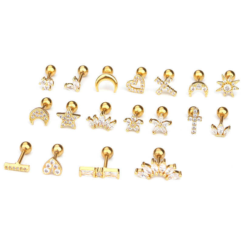 Tige en titane et acier inoxydable, 2 pièces, avec micro incrustation de vis à os de couronne en zircon, boule torsadée, bijoux d'oreille à la mode_voghion.com